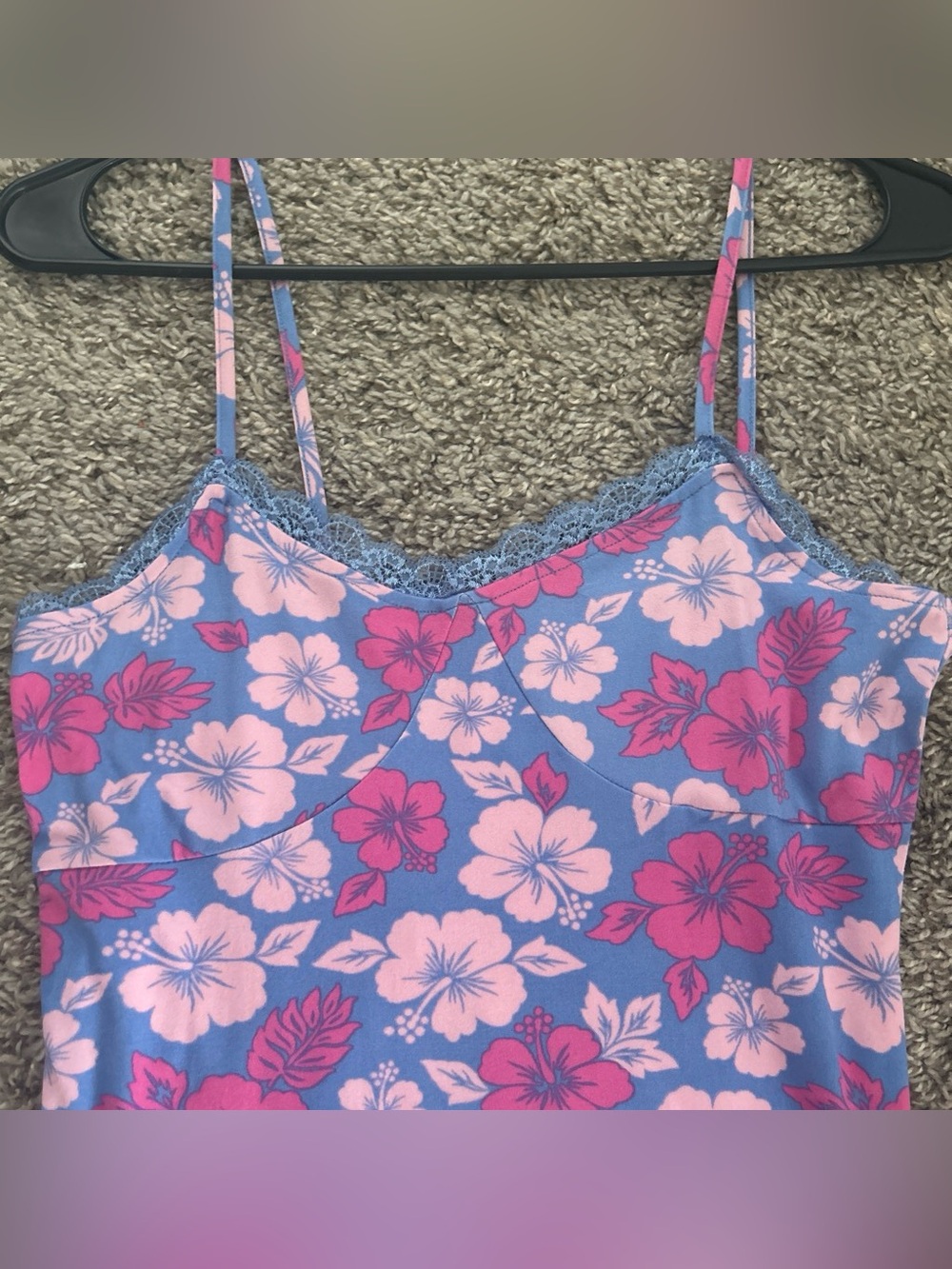 Floral Lace Trim Blue & Pink Cami Top